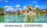 Aarburg at Aare river with castle and church in Switzerland