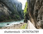 Aare Gorge limestone ridges and formations over the Aare River. Famous tourist attraction in Swizerland.