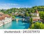 Aare river, Untertorbrucke bridge, cityscape of Bern, Switzerland
