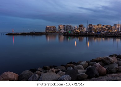 Aarhus City Harbor Front At Sunset