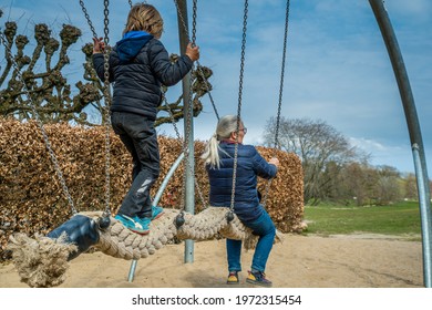 Aarhus Denmark, 1 May 2021 Children And Parents Play On The Park's Playground