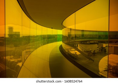 Aarhus, Denmark - 2018 July 25: Your Rainbow Panorama By Ólafur Elíasson At ARoS Aarhus Kunstmuseum Art Museum