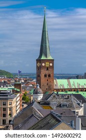 Aarhus, Denmark. Aerial View Of The City With The Aarhus Cathedral (Danish: Domkirke).