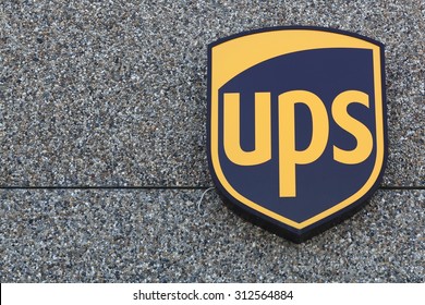 Aarhus, Denmark - August 22, 2015: UPS Logo On A Facade. United Parcel Service Is The Worlds Largest Package Delivery Company And A Provider Of Supply Chain Management Solutions