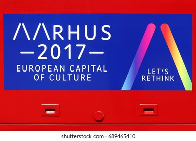 Aarhus, Denmark - July 6, 2017: Aarhus 2017 Sign On A Bus Announcing Aarhus European Capital Of Culture In 2017 