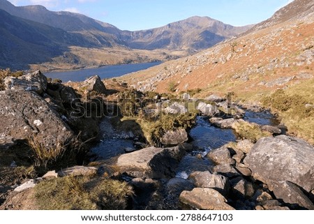 Aaron Lloer stream running down to Llyn Ogwen in Ogwen Valley with the Glyderau  mountain range in the background, Eryri National Park, fomaly Snowdonia, North Wales, UK. 