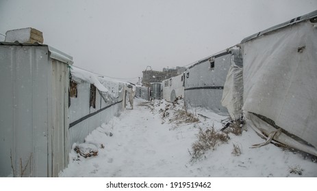 Aarsal, Beqaa Lebanon - 2 18 2021: Refuge Camp In Irsal At Syrian Lebanese Borders In Winter Snow Storm Bad Weather Conditions