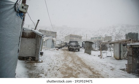 Aarsal, Beqaa Lebanon - 2 18 2021: Refuge Camp In Irsal At Syrian Lebanese Borders In Winter Snow Storm Bad Weather Conditions