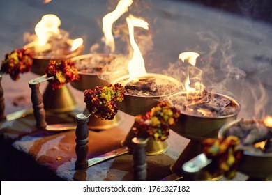 Aarti Ceremony Flowers With Fire In Varanasi.