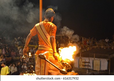 Aarti Puja Celebration In Ganges River Varanasi India