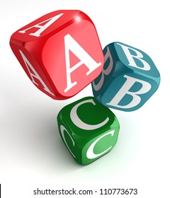 A,B and C on red, blue and green box on white background