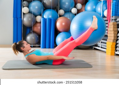 Ab Exercise Woman Swiss Ball Leg Lifts Pilates Workout Abs At Gym