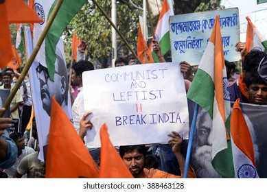 A.B. V. P. Activist Protests Against Anti National Slogan In Jawaharlal Nehru University And Jadavpur University In Front Of Jadavpur University Campus On February 18, 2016 In Calcutta, India.