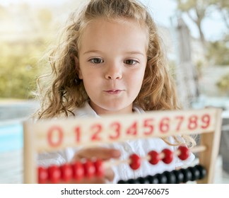 Abacus, Math And Kid Learning Numbers Development With Play Beads, Fun Calculator And Educational Game. Happy, Curious And Excited Kindergarten Girl Child Counting Toy, Mathematics And Home School