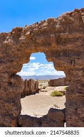 Abadonated building ruins in the Salt desert of Argentina. Adobe buildings in ruins.