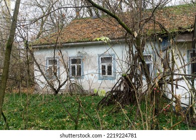 Abadonated white house with ceramic roof in middle of autum forest at chernobyl nuclear exclusion zone