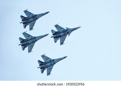 Abakan, Russia - August 26, 2018: fighter aircrafts taking off in the sky at sunset.