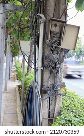 Abandon And Broken Electrical Cable Box Cabinet On Power Line Pole.