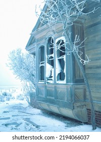 Abandoned 1920s Farm House On A Cold Frosty Winter Morning Near Wasco Oregon