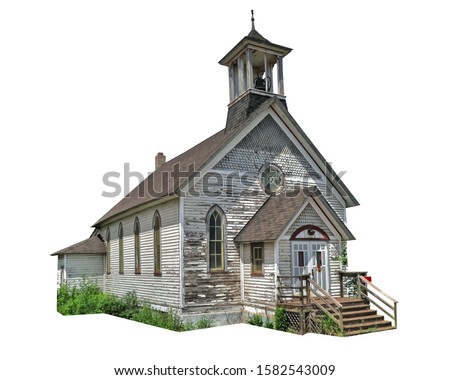 Abandoned american church isolated on white background