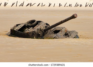 Abandoned Army Tank M18 Hellcat On Oucuo Beach In Kinmen Island