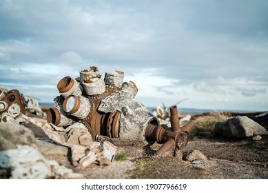 Abandoned B29 WW2 American AS Airforce Bomber Overexposed Crash Site On Bleaklow Moor With Rusty Aircraft Engine Parts And Aeroplane Landing Gear Wheels Wreckage Strewn Across Peak District Landscape 