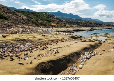 Abandoned beach full of garbage brought by the Mediterranean sea at the coast of Northern Cyprus.