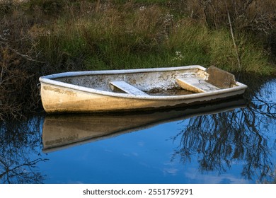 An abandoned boat in a small river or pond - Powered by Shutterstock