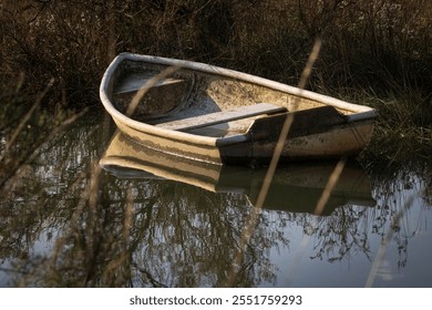 An abandoned boat in a small river or pond - Powered by Shutterstock