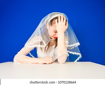 Abandoned bride. enchanting brunette cancels weddings because of quarrels with the groom