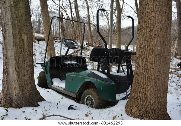 Abandoned broken golf cart in
woods