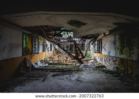 Abandoned building with fallen roof, abandon, urbex and architecture background
