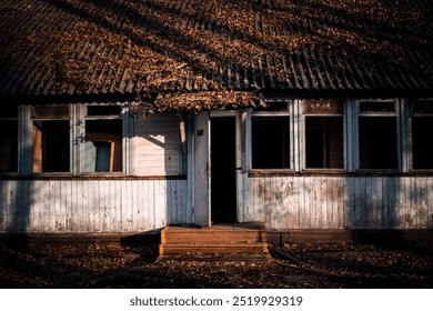 An abandoned building with a porch, no windows and open doors. - Powered by Shutterstock