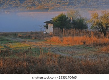 Abandoned building at sunrise on a foggy and sunny morning in the country in Bulgaria    - Powered by Shutterstock