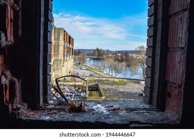 An Abandoned Building Where Migrants Live In Bihac, Bosnia And Herzegovina. A Squat Where People On The Move Live. 