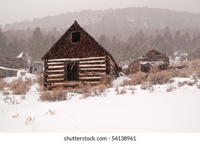 Abandoned Buildings In A Once Thriving Mining Town In Montana During A Snowstorm