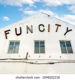 Abandoned Business Warehouse With Lettering, Located In Olhao, Portugal.