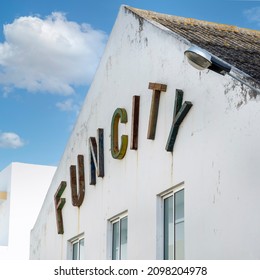 Abandoned Business Warehouse With Lettering, Located In Olhao, Portugal.