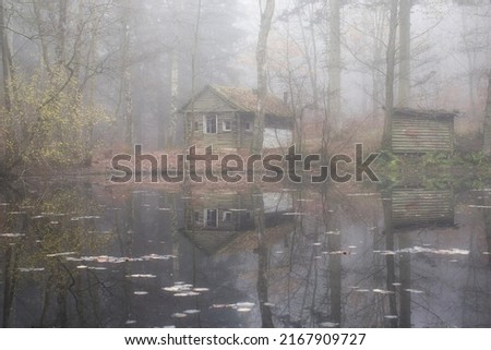 Abandoned cabin next to a small wooden shed with reflections in the water of a lake in the Palatinate forest of Germany on a foggy fall day.