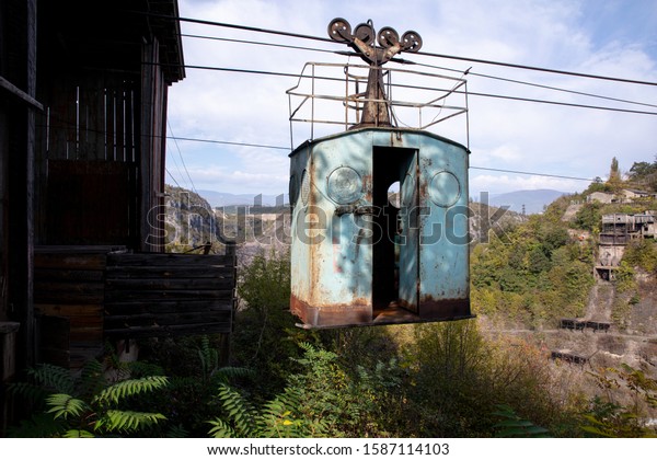 Abandoned cable car sits overlooking the mining\
town of Chiatura,\
Georgia
