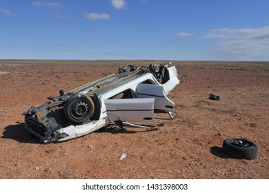 Abandoned Car On Stuart Highway In Central Australian Desert Outback.