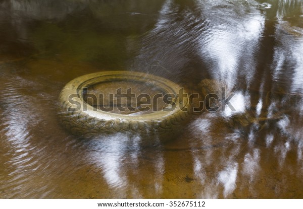 Abandoned car tire in the\
water