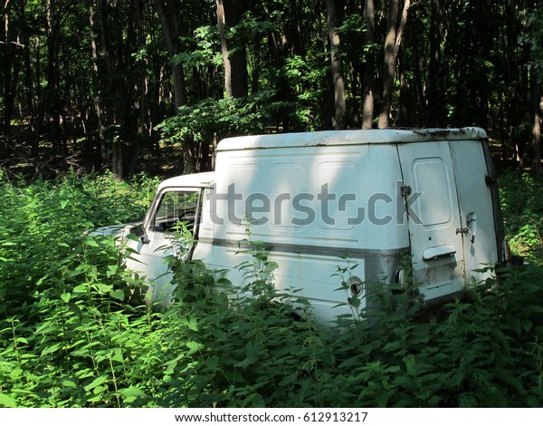 Abandoned cargo car in the\
summer forest