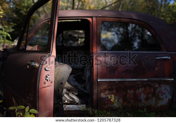 Abandoned cars, car\
junk yard from early\
50s