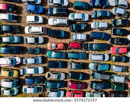 Abandoned Cars in Junkyard. Top Down View. Drone Photo. Vehicle Demolition.