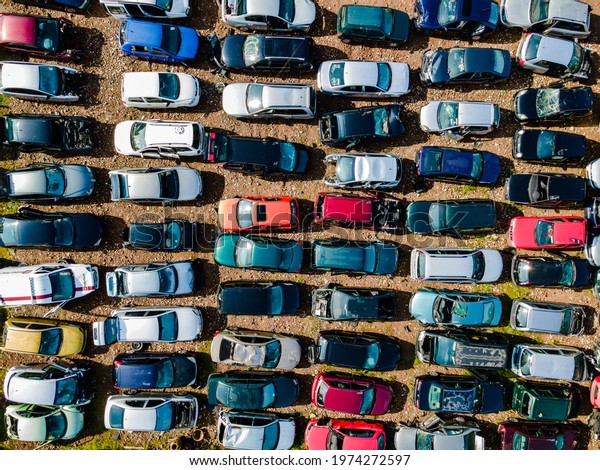 Abandoned Cars in Junkyard. Top Down View.\
Drone Photo. Vehicle\
Demolition.