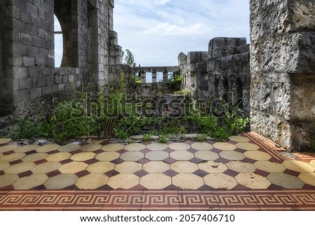 The abandoned castle of the Prince of Oldenburg in Gagra (Abkhazia) in the summer. A fragment of a hall with the remains of a mosaic floor and a staircase with a balcony overgrown with bushes. 