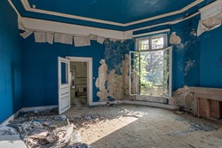 Abandoned Castle, Room With Fireplace And Large Open Window