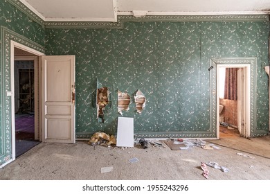 Abandoned castle, room with green retro wallpaper - Shutterstock ID 1955243296