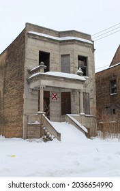 Abandoned Chicago Greystone In Snow In The Englewood Neighborhood On The South Side